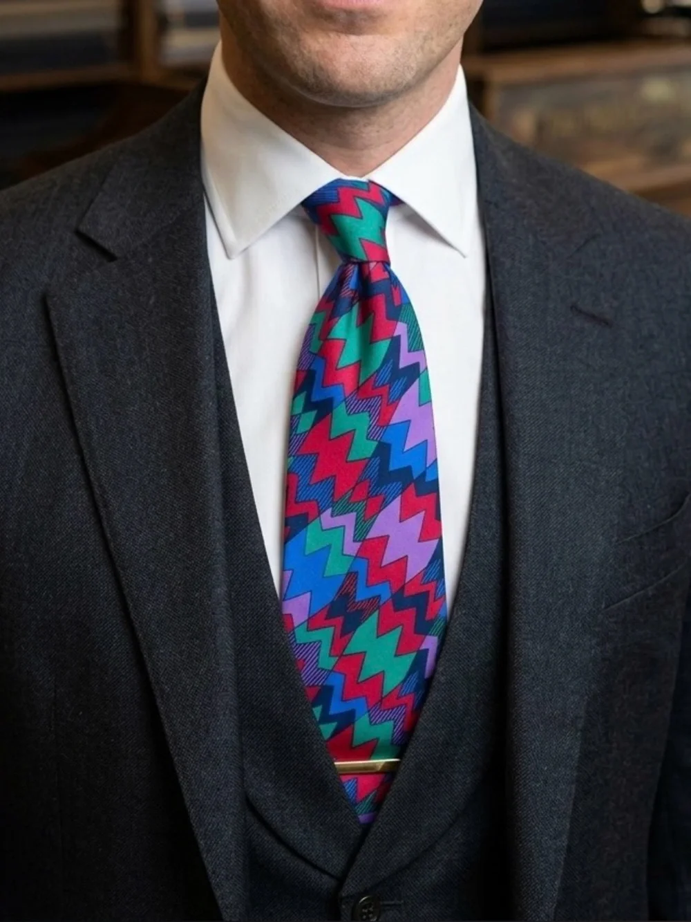 Vintage Missoni for Neiman Marcus Silk Tie Chevron Zigzag Geometric Multicolor